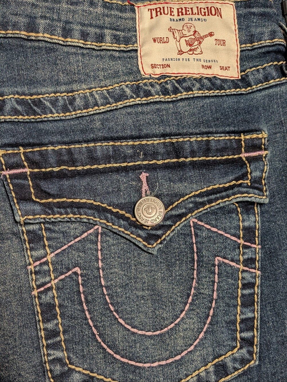 Make Offers! True Religion Joey Mid Rise Big T Flap Flare Jeans 34 - Picture 7 of 10
